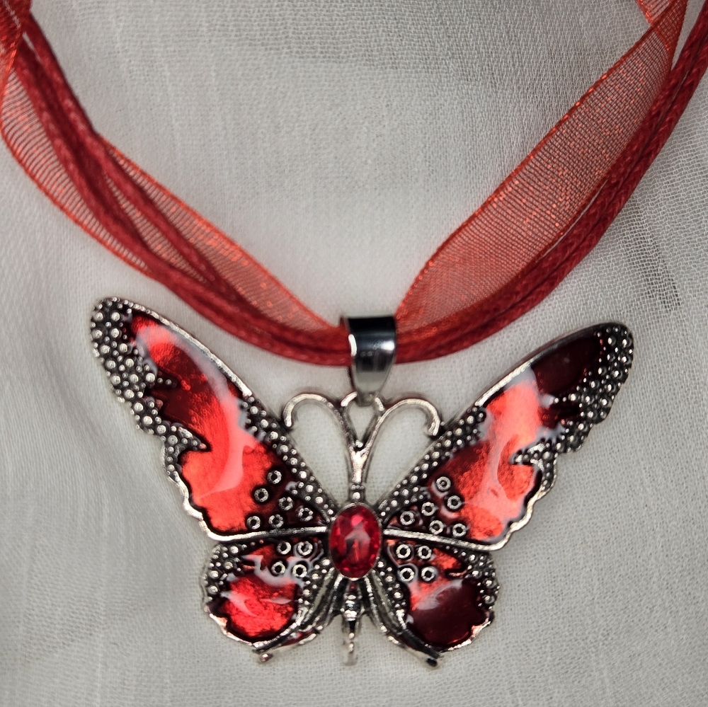 Elegant Red Butterfly Ribbon Pendant Necklace